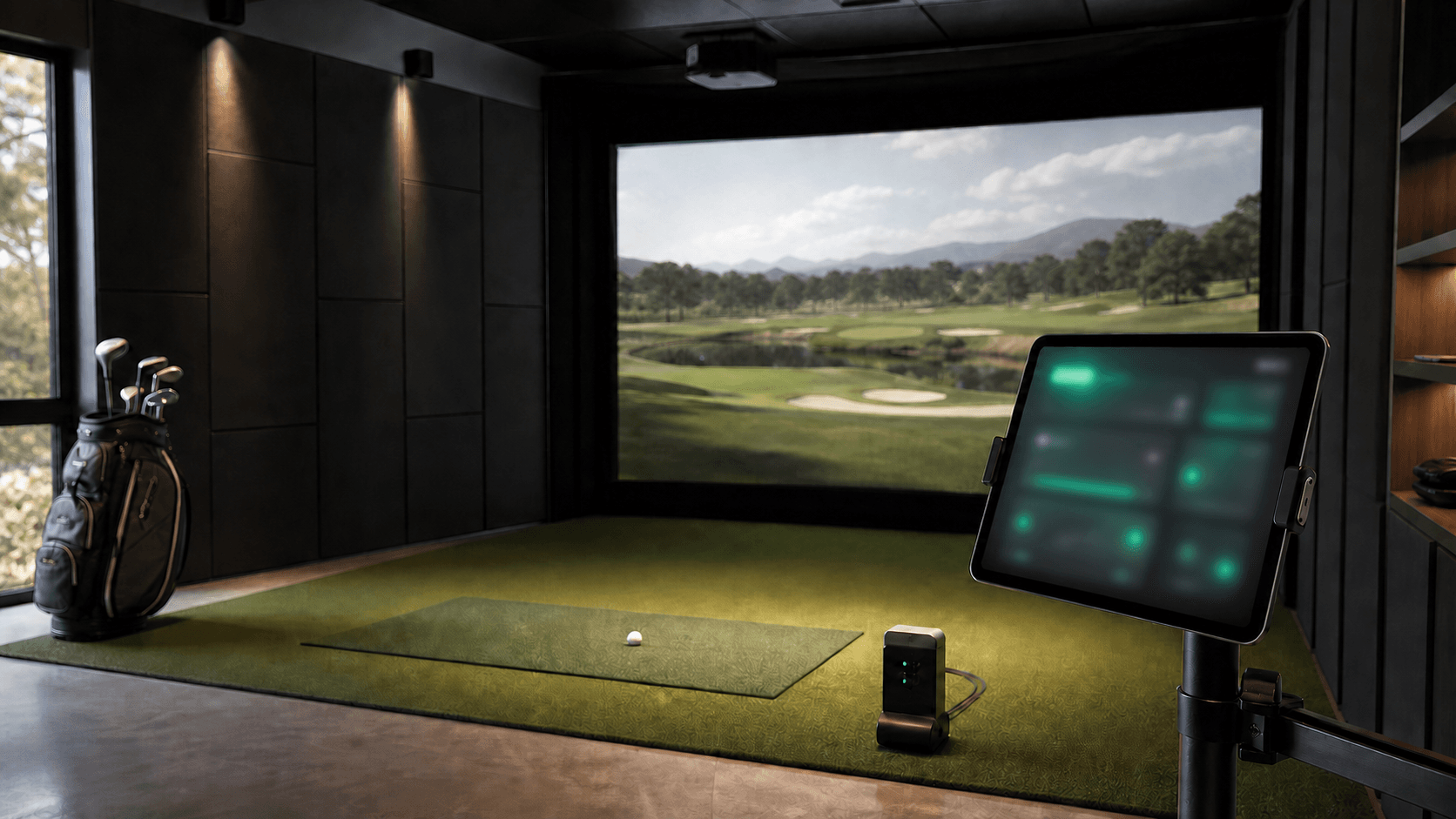 Indoor golf simulator bay with a mounted companion tablet